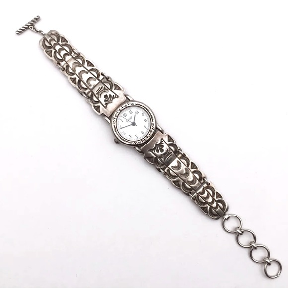 Signed - Joe Degalrito & May Willie, Navajo. Vntg Sterling Watch Band / Bracelet - Picture 1 of 8